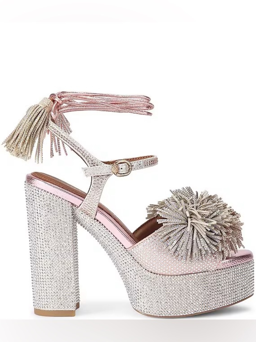 NWT Kurt Geiger Crystal Embellished Pom Pom Tie Platform Dress Sandals